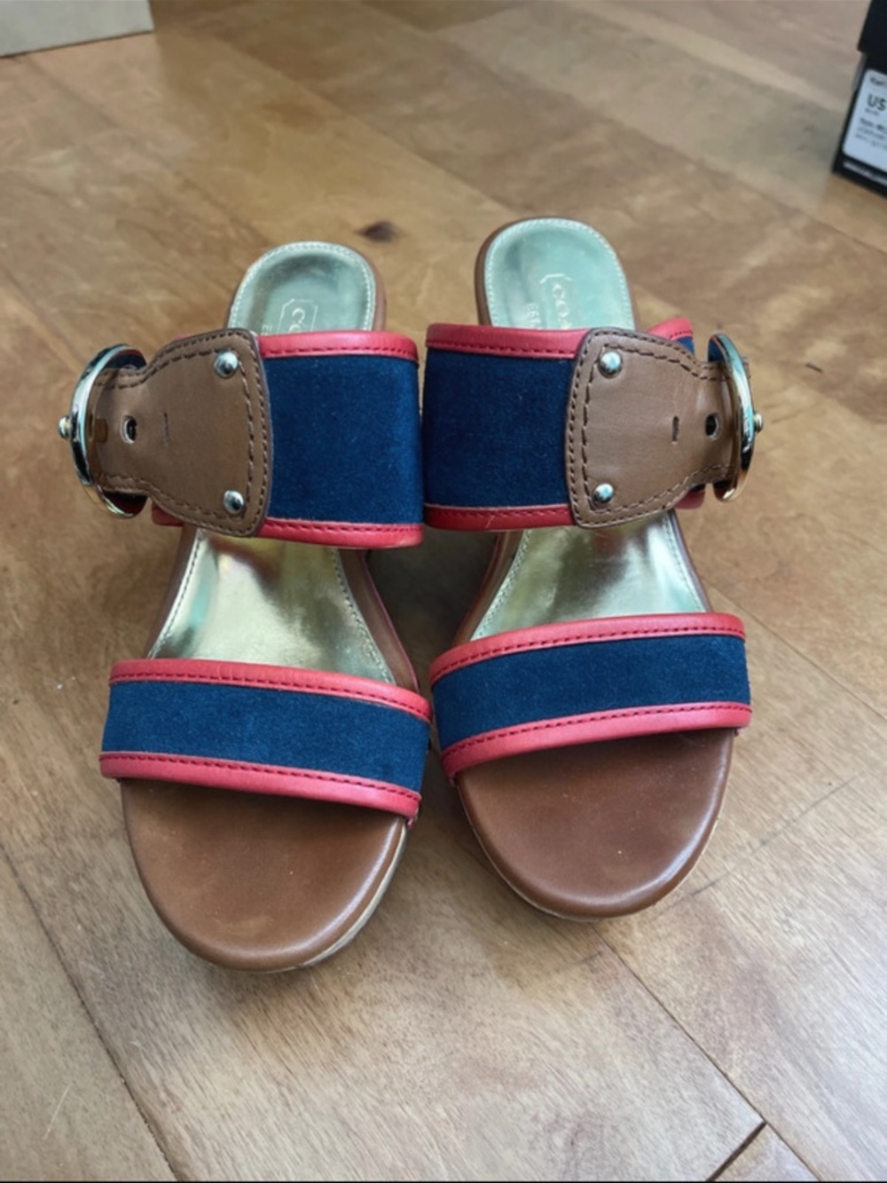 Coach Navy & Tan Slide Sandals with Red Trim
